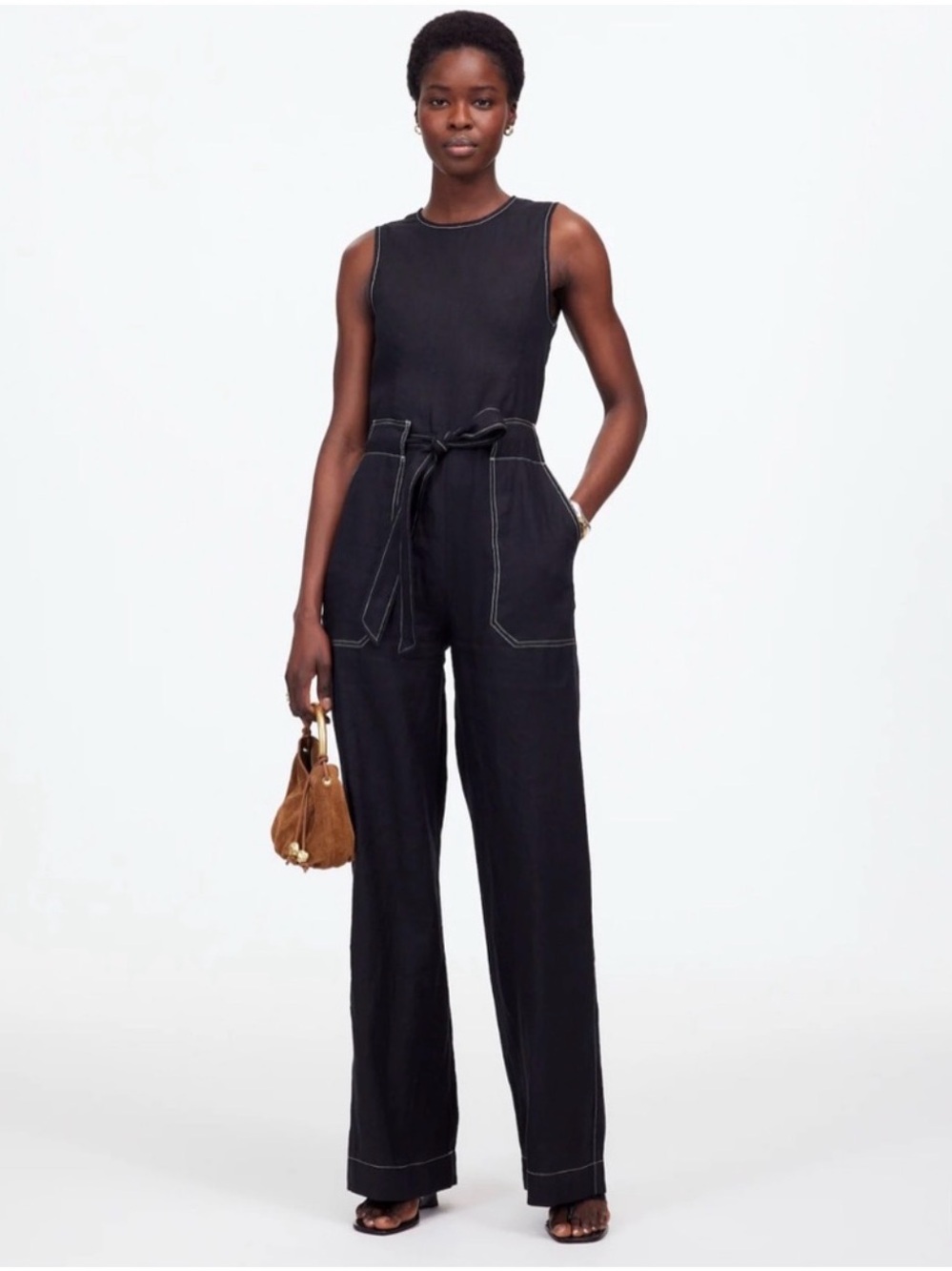 NEW Madewell Sleeveless Black Wide-Leg Jumpsuit with Self Tie Belt